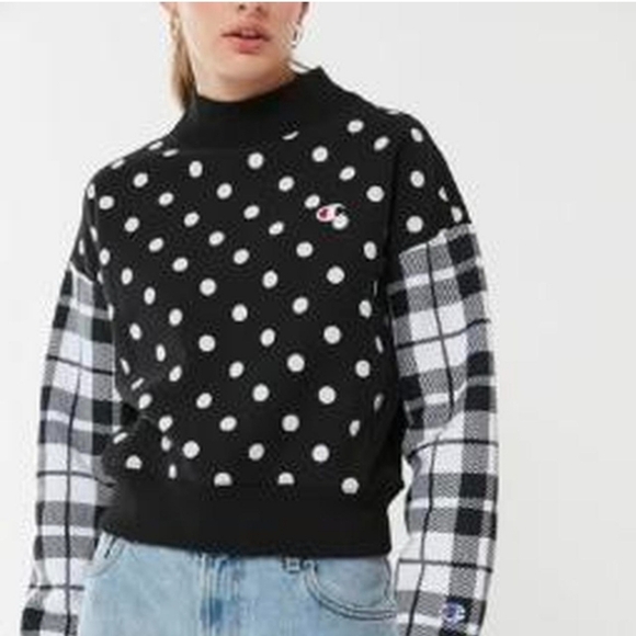 Converse Urban Outfitters cropped polka dot plaid black white sweatshirt sz s - Picture 1 of 5